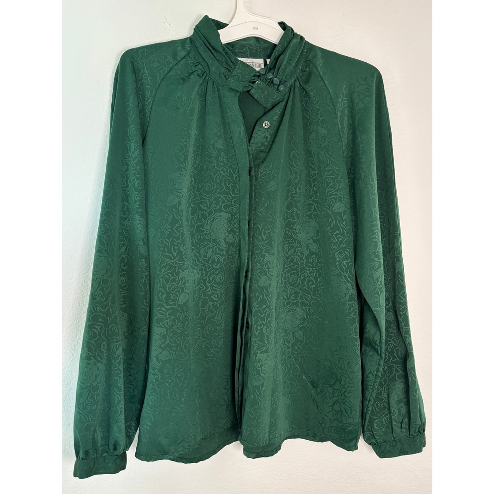Christie & Jill Vintage Green Floral Jacquard Ruffle Neck Blouse Size 14